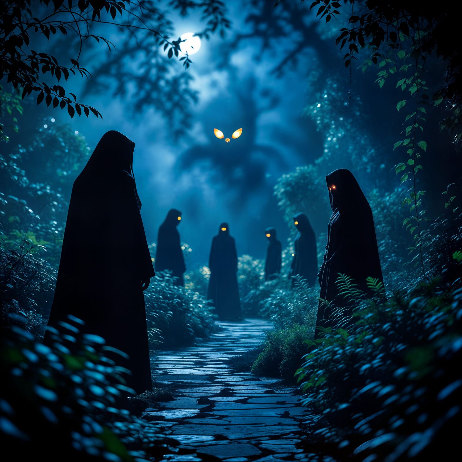 Eerie Night Garden: A Photorealistic Horror Scene