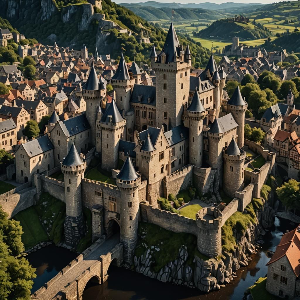 Majestic Stone Castle and Village Under Dramatic Lighting