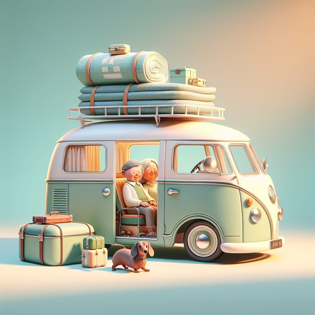 Mint Green Retro Camper Van in 3D Animation Style