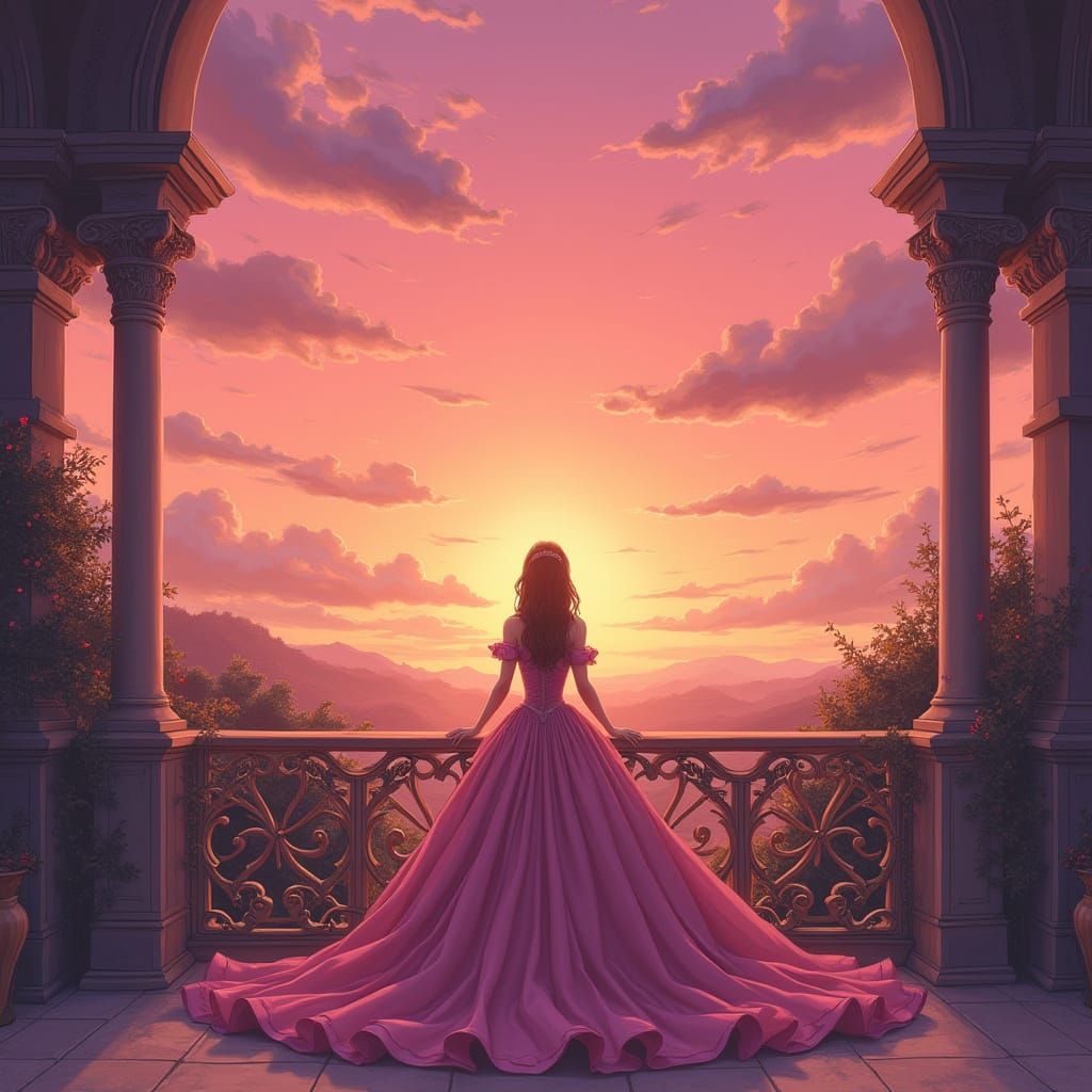 Princess Watches Vibrant Sunset from Ornate Balcony