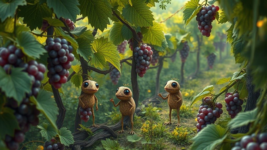 Whimsical Grape Creatures Tend Vines in Lush Vineyard Scene