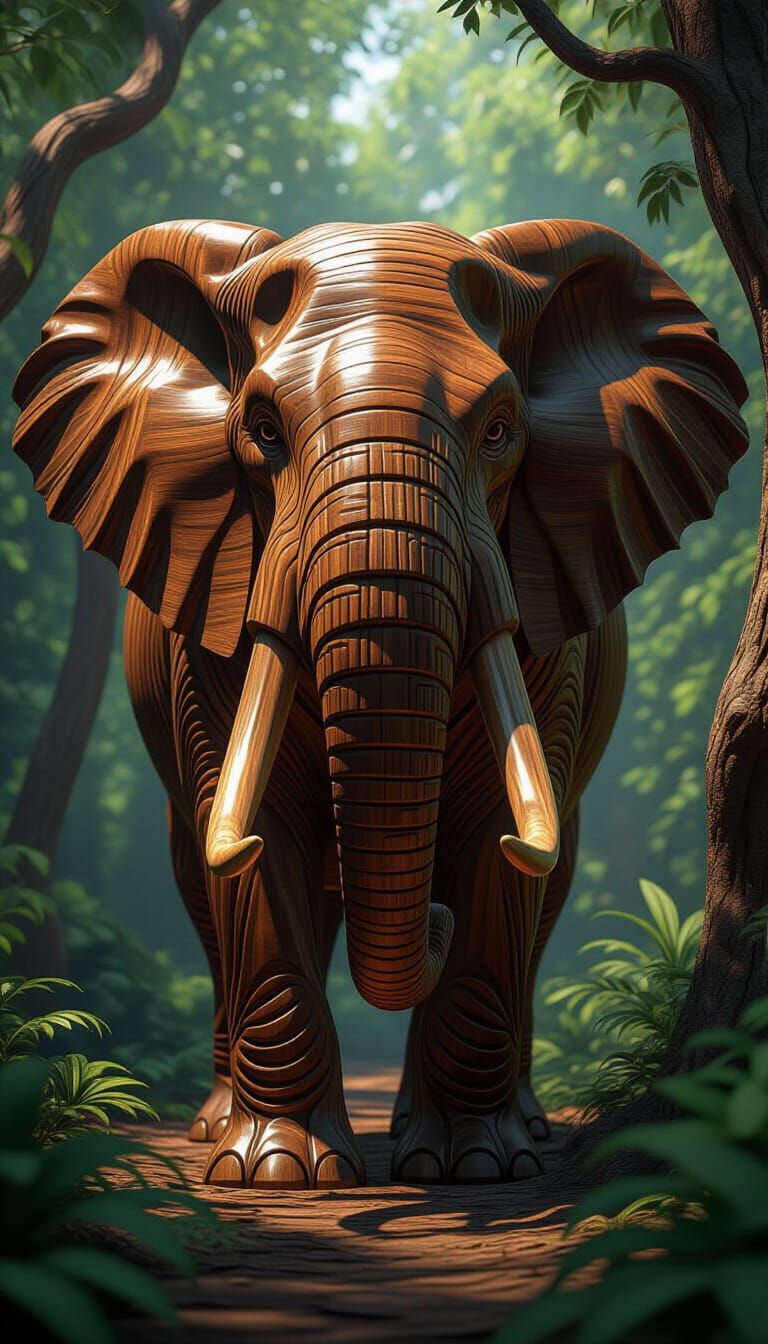 Wooden Elephant Sculpture in Hyperdetailed Carved Realism St...