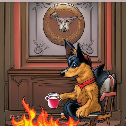 Cartoon Dog Drinks Coffee in Burning Room