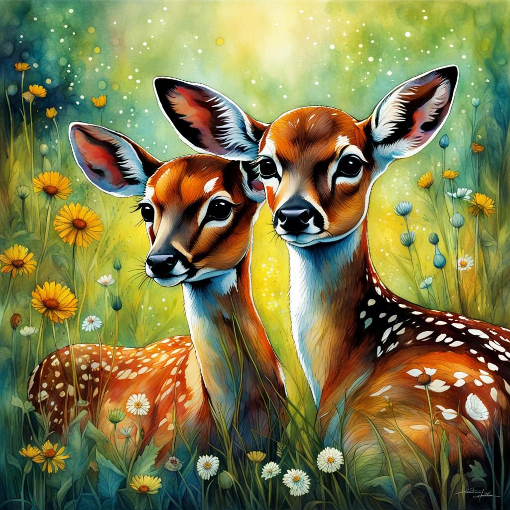 Fawns Resting in Wildflower Meadow, Art Brut Style