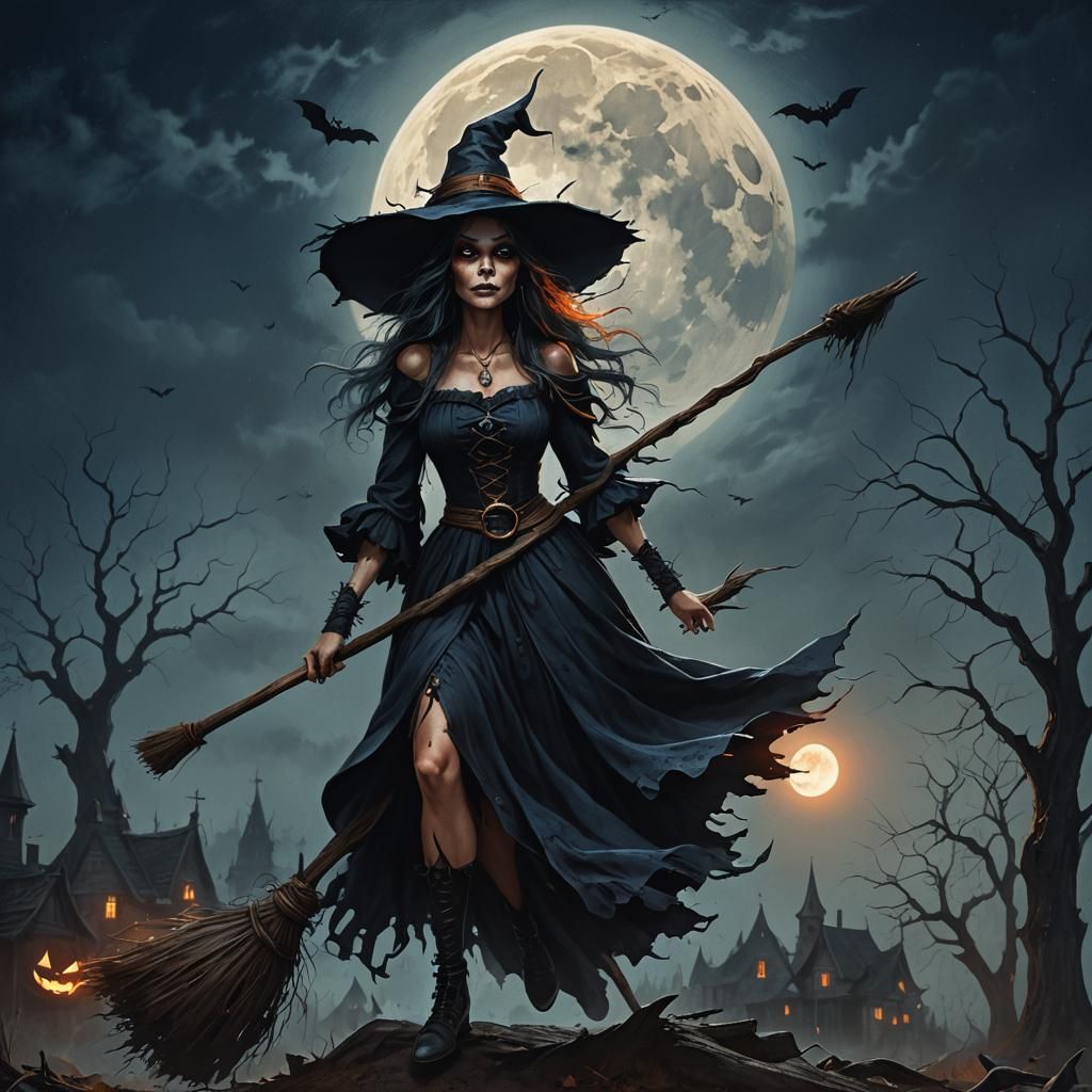Halloween Witch Rides Broomstick in Dark Fantasy Art