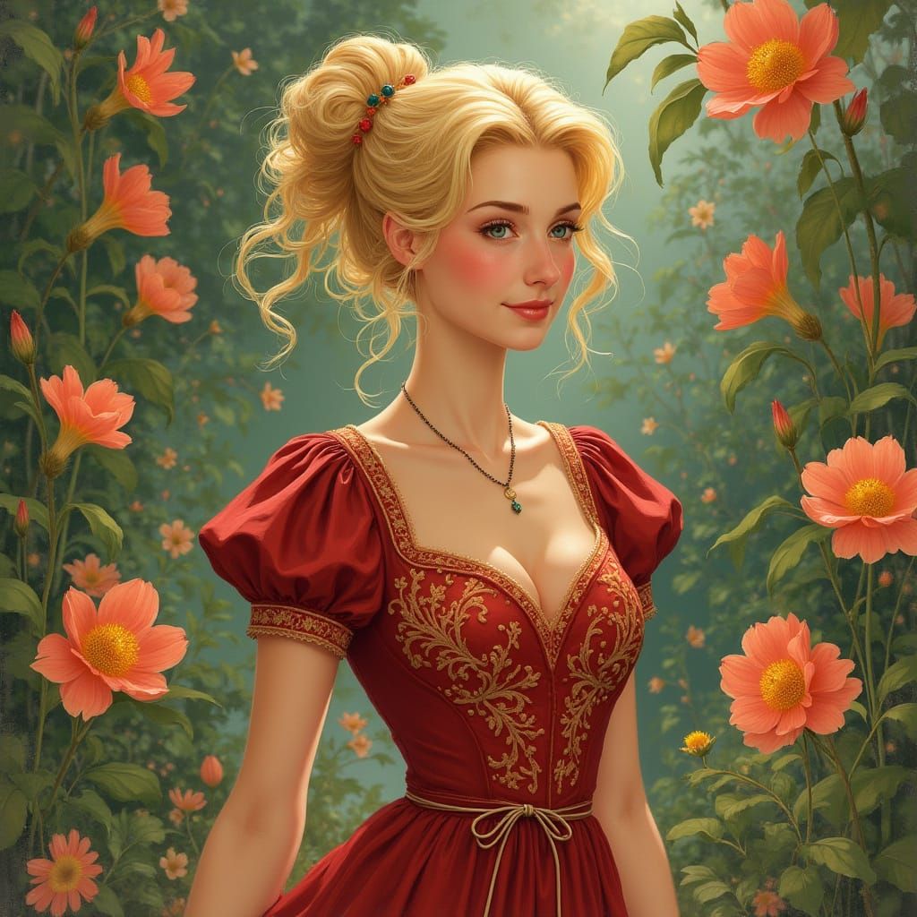 Enchanting Woman in Garden, Art Nouveau Style