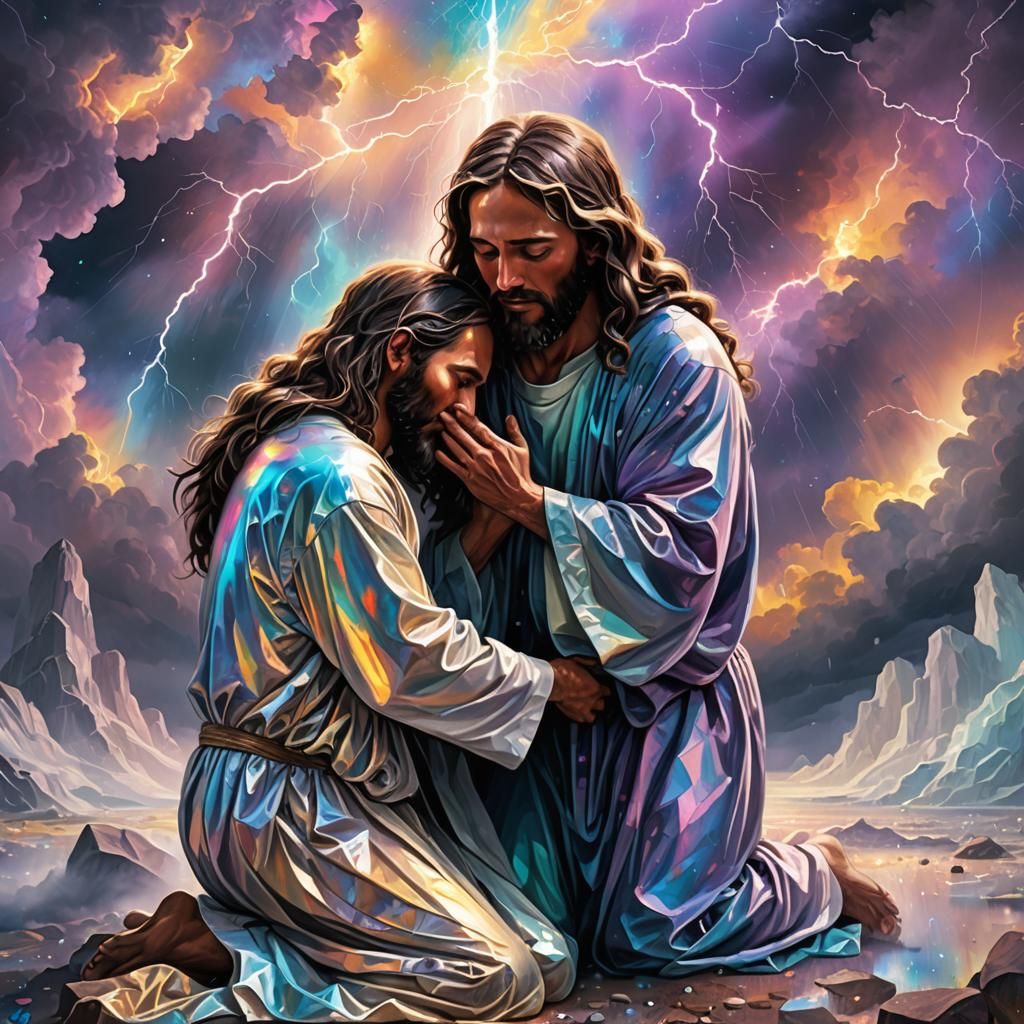 Jesus Hugs Kneeling Man in Cosmic Embrace