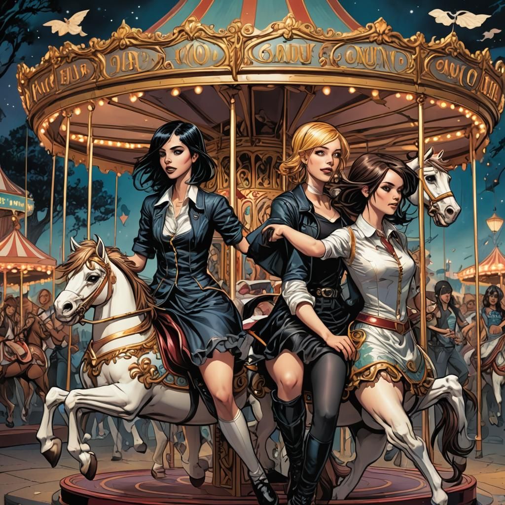 Emo teen girls on merry go round