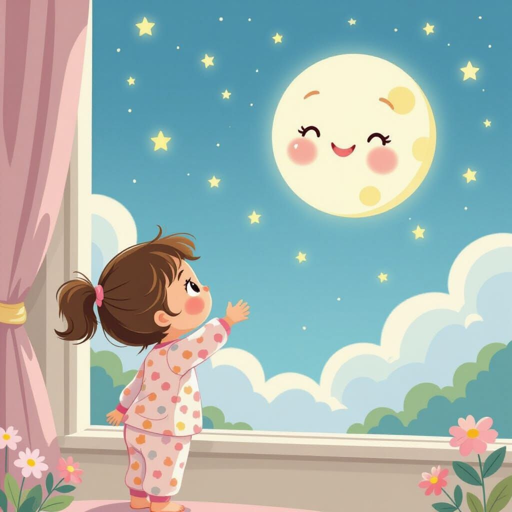 Cute Cartoon Girl Gazing at Moon in Pastel Colors