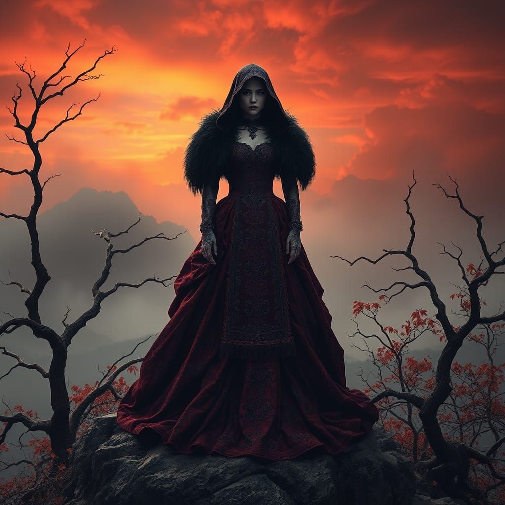 Gothic Bride in Crimson Gown on Misty Peak