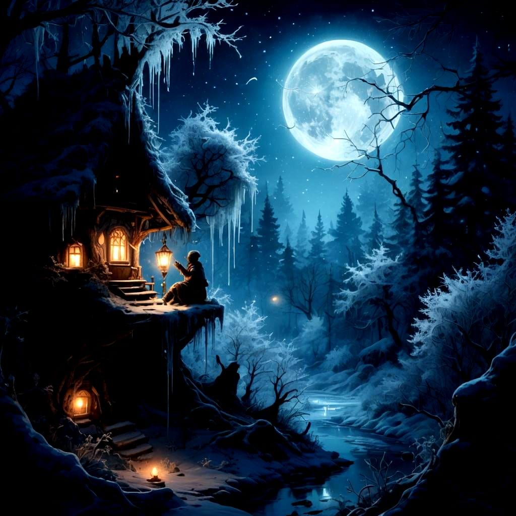 Ethereal Frozen Landscape Under Moonlight