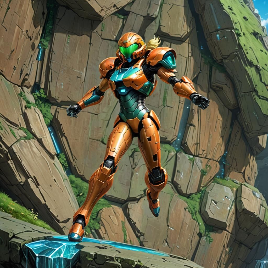 Hyperrealistic Samus Aran on Holodeck Cliff