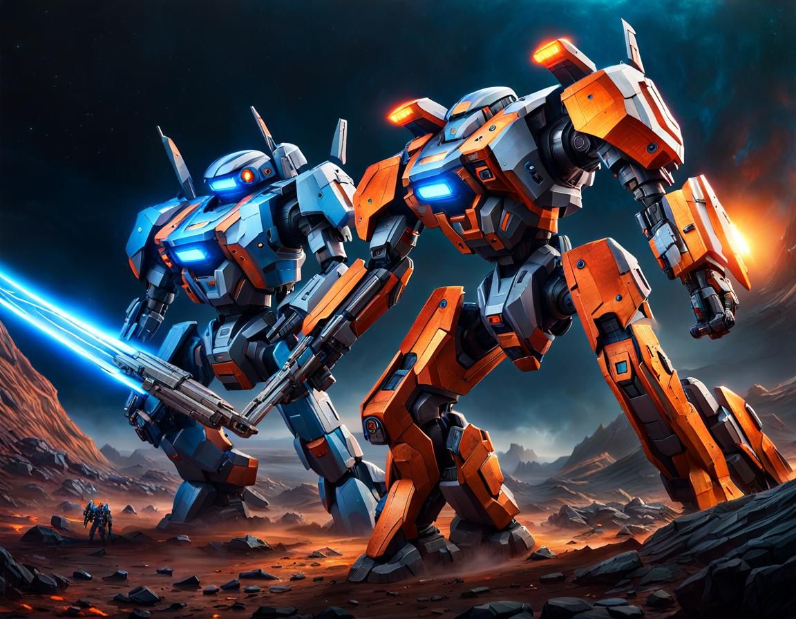 Mechas Duel on Alien Planet in Sci-Fi Style