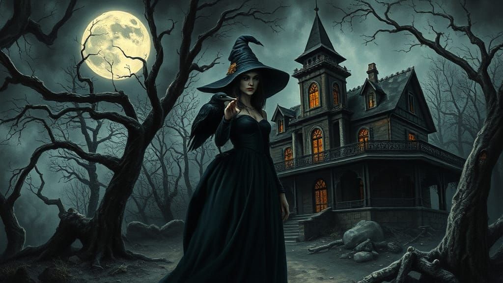 Macabre Witch and Raven in Gothic Fantasy Art