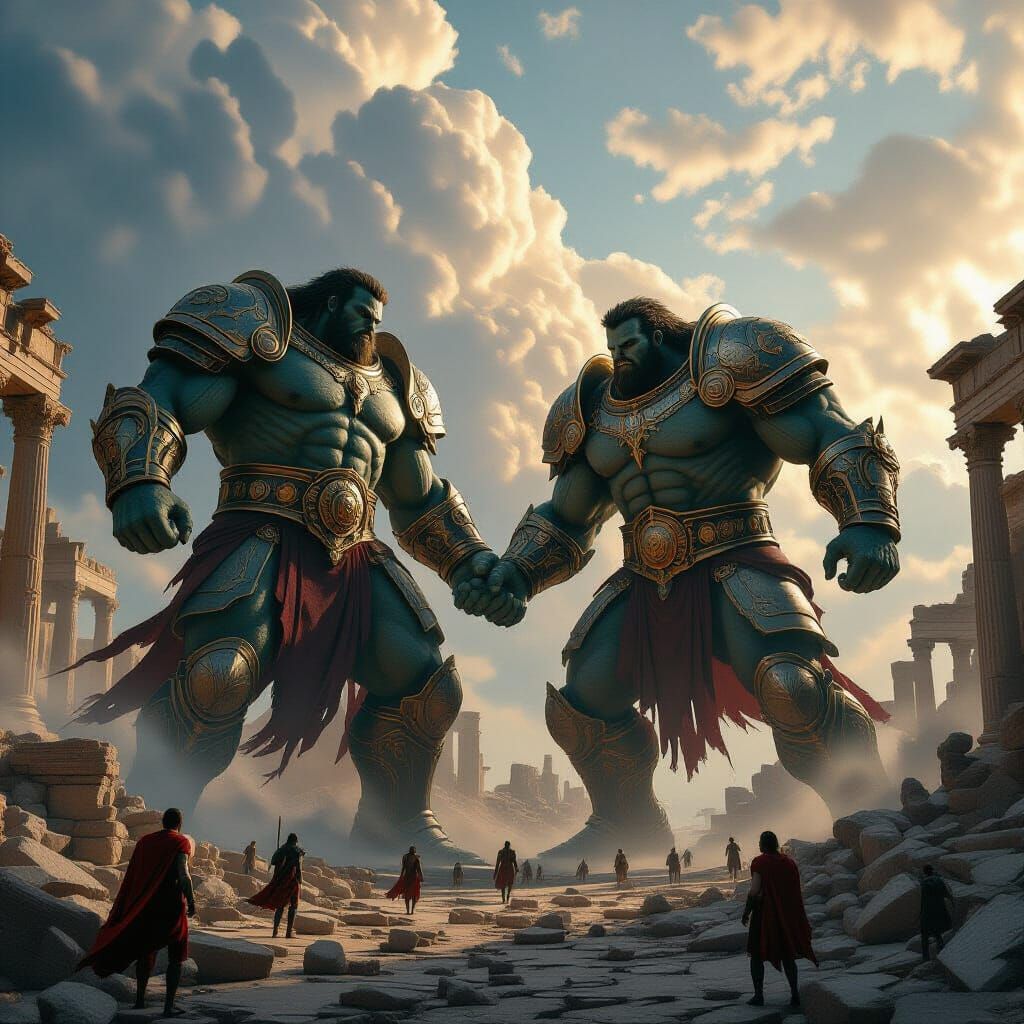 Epic Titans Clash in Ancient Ruins Digital Painting