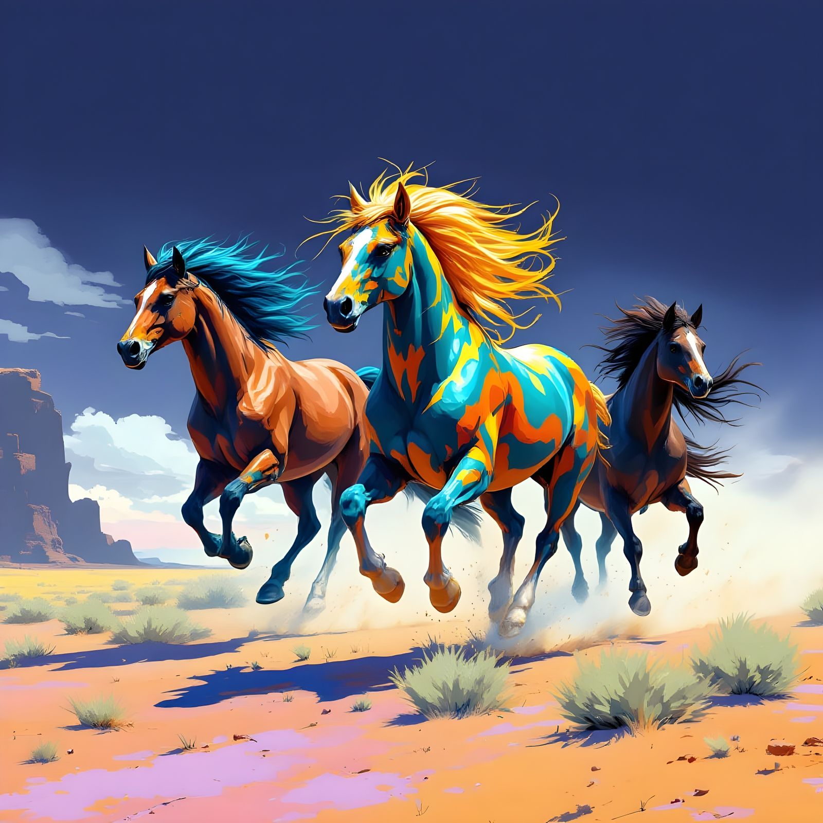 Hybrid Schnauzer Horses Galloping Across Southwest Plains