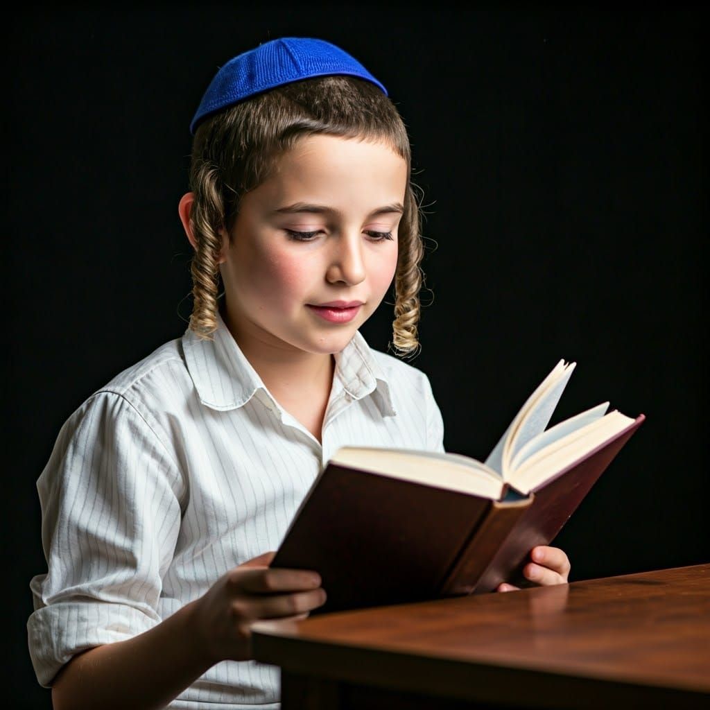 Happy Orthodox Jewish Boy Reads from a Book