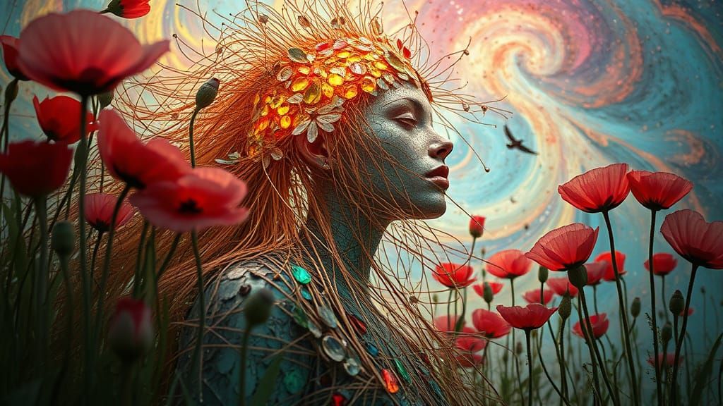 Ephemeral Eco-Art Portrait of Woman Made of Strings