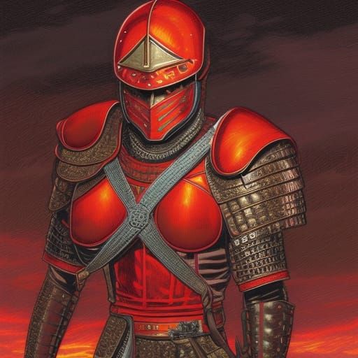 Roman Warrior in Red Armor at Sunrise