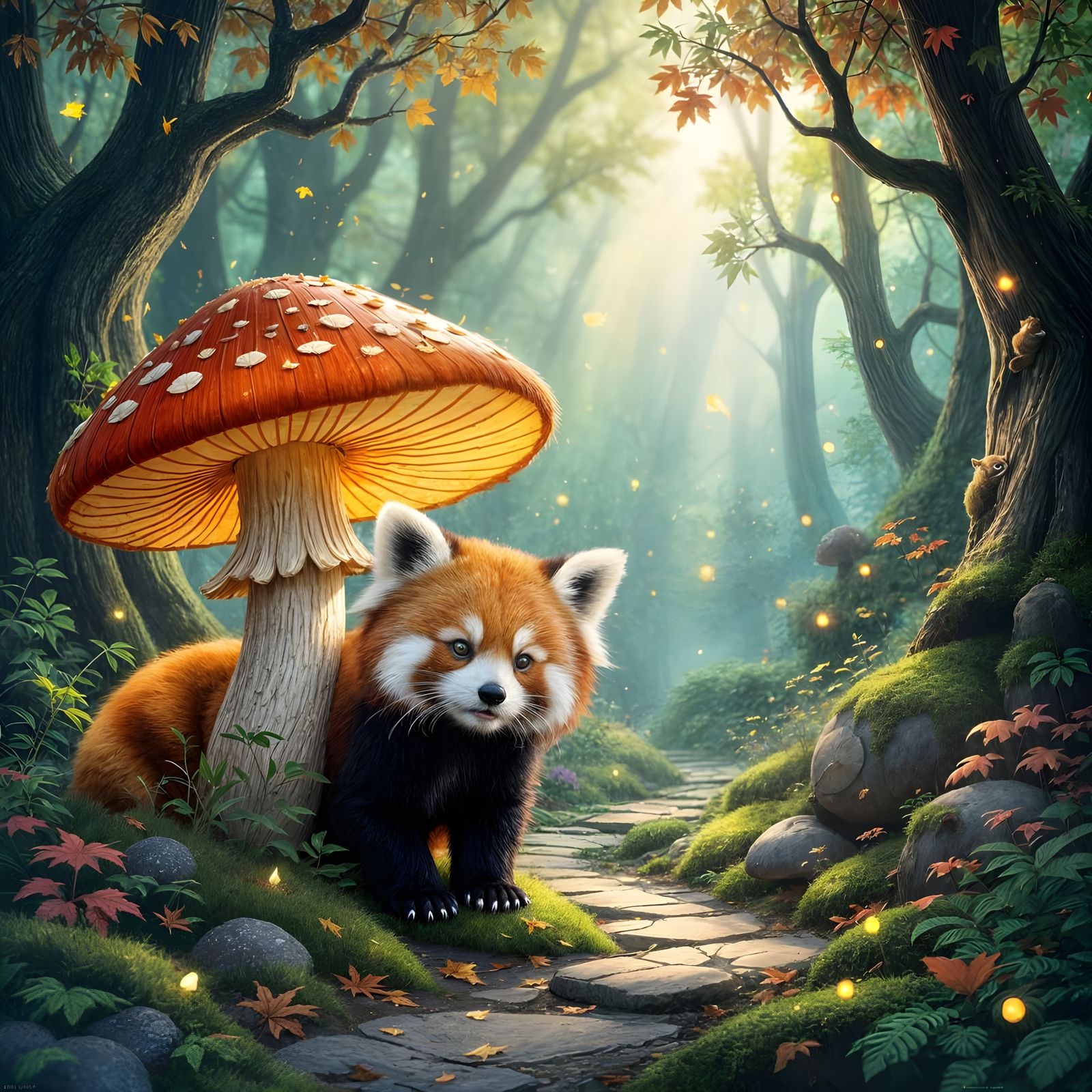 Red Panda Peeks from Giant Mushroom in Mystical Forest
