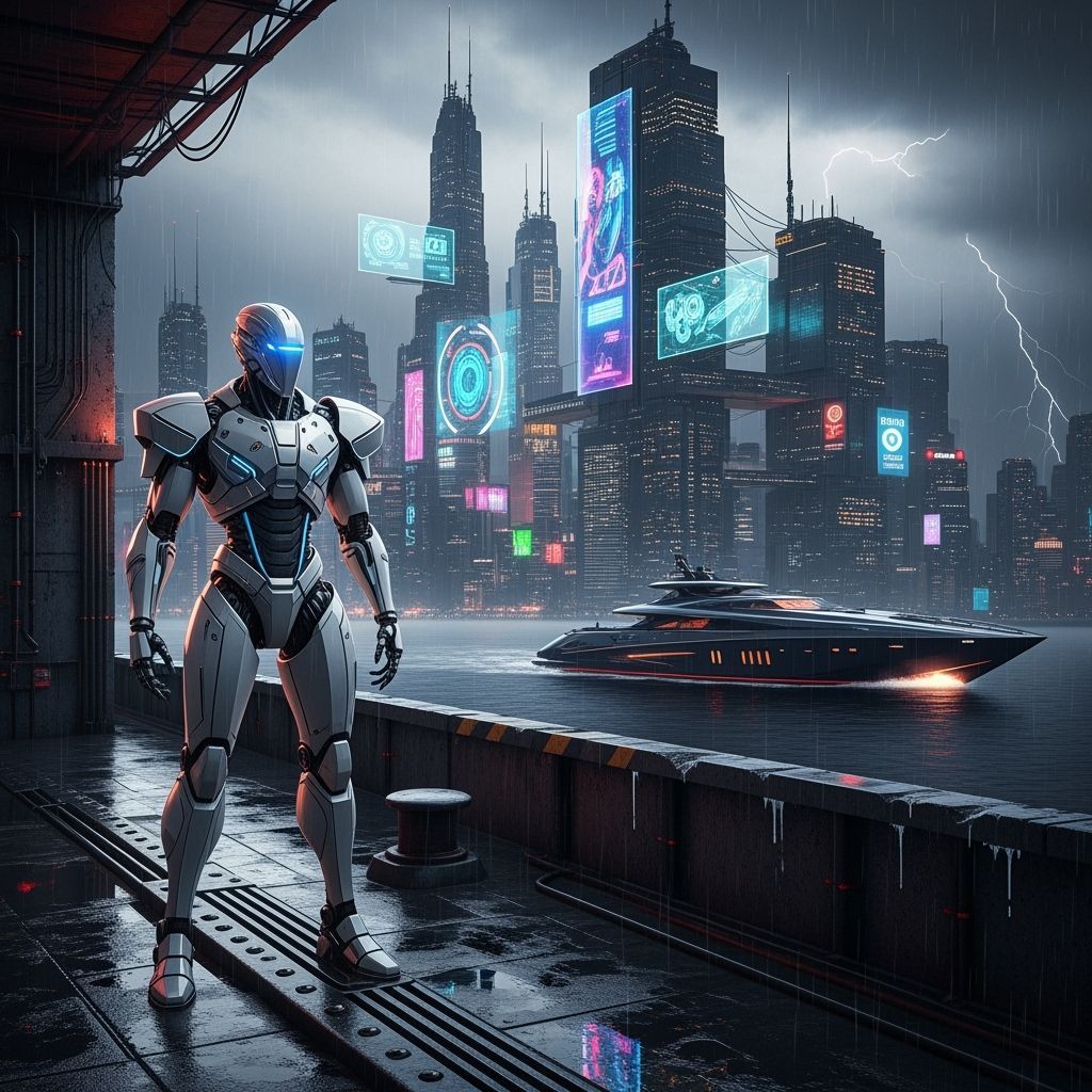 Sleek Robot in Cyberpunk Cityscape at Night