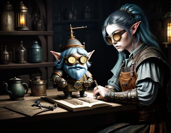 Gnome Repairs Automaton in Dark Fantasy Illustration