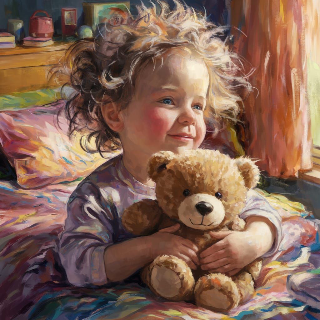 Whimsical Fauvist Scene of a Child and Teddy Bear