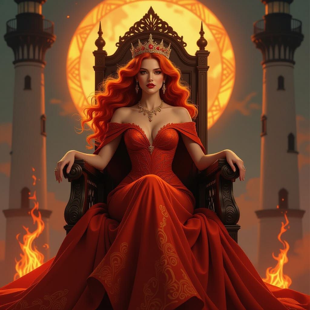 Ember Queen Ascends: Art Nouveau Style Portrait