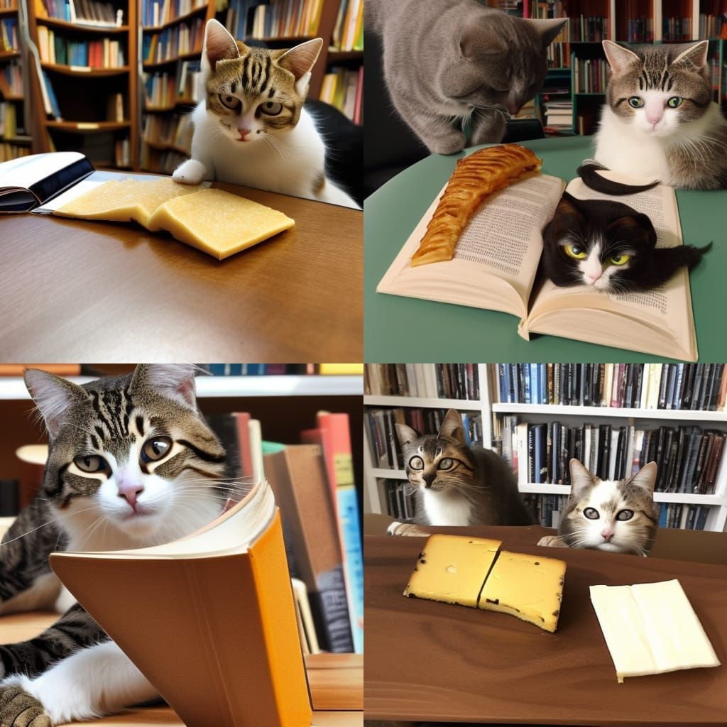 Cats Reading Books in Library with Coffee
