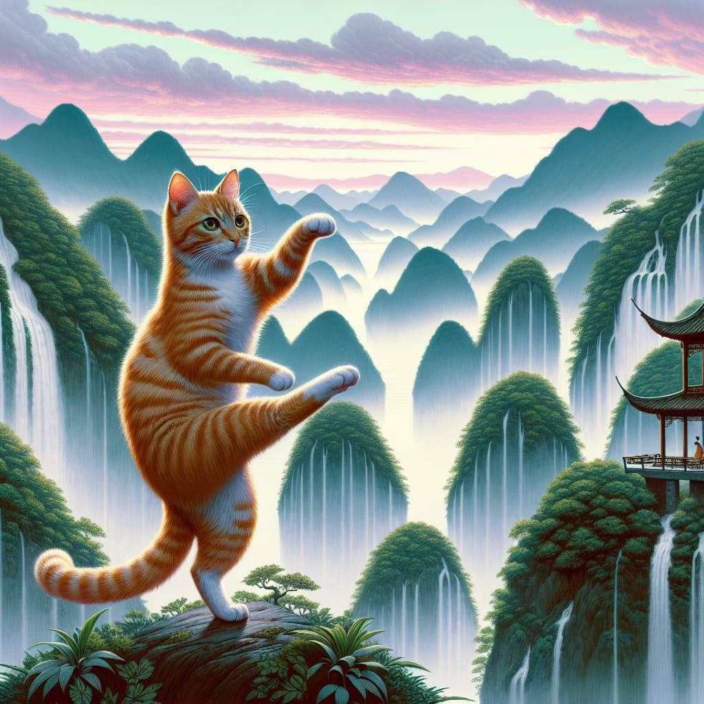 Tai Chi Cat on Wudang Mountain in Atmospheric Style