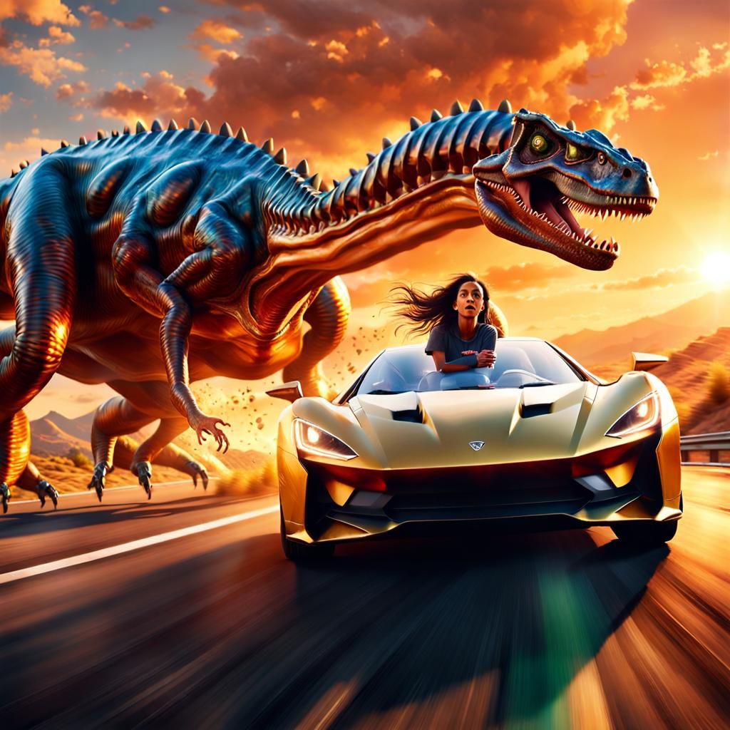 Woman Drives Supercar on Dinosaur Back
