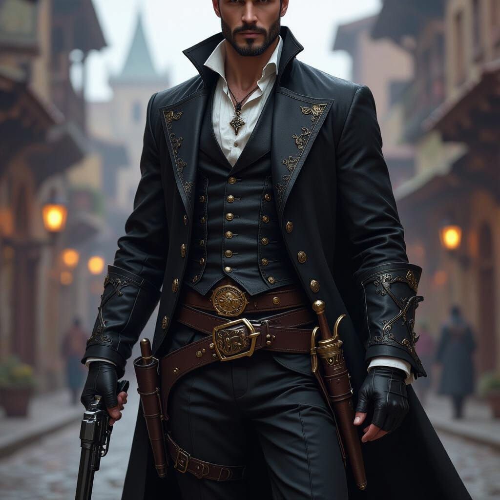 Gunslinger in Medieval City as Digital Art