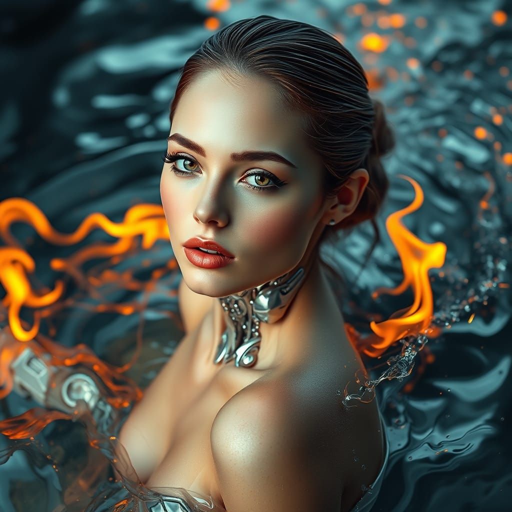 Ethereal Goddess Merges with Shifting Realms of Water and Fl...