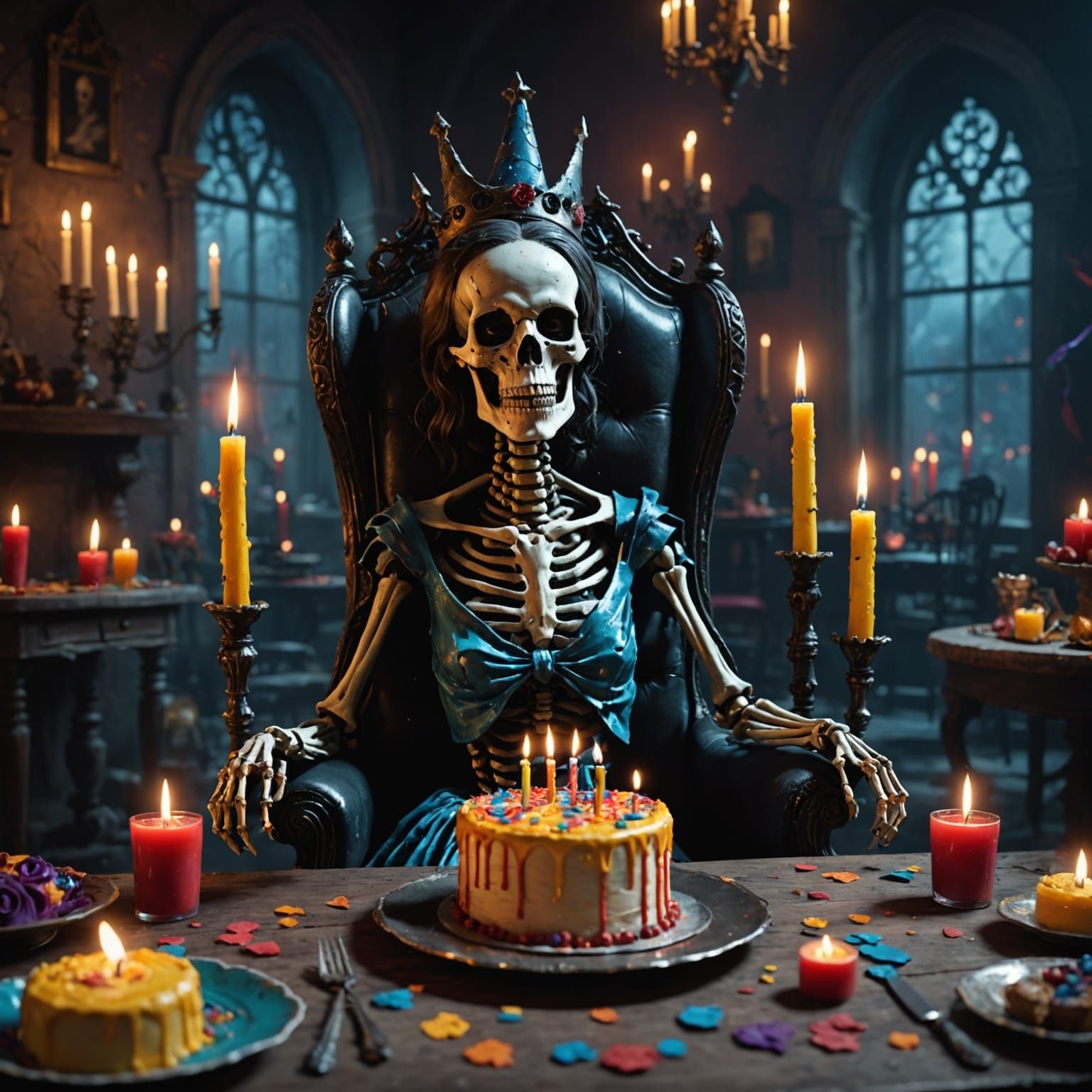 A horror fantasy birthday party with a skeletal woman who is...