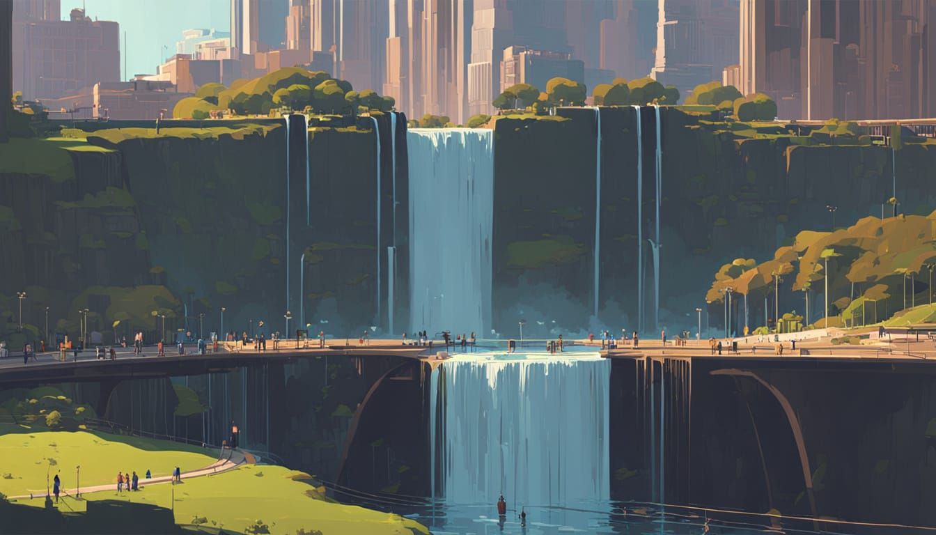Glowing Cityscape with Towering Waterfalls in Futuristic Met...