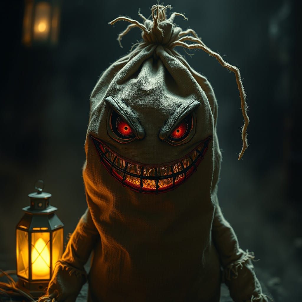 Surreal, Earthy Doll with Menacing Grin in Folk-Horror Style