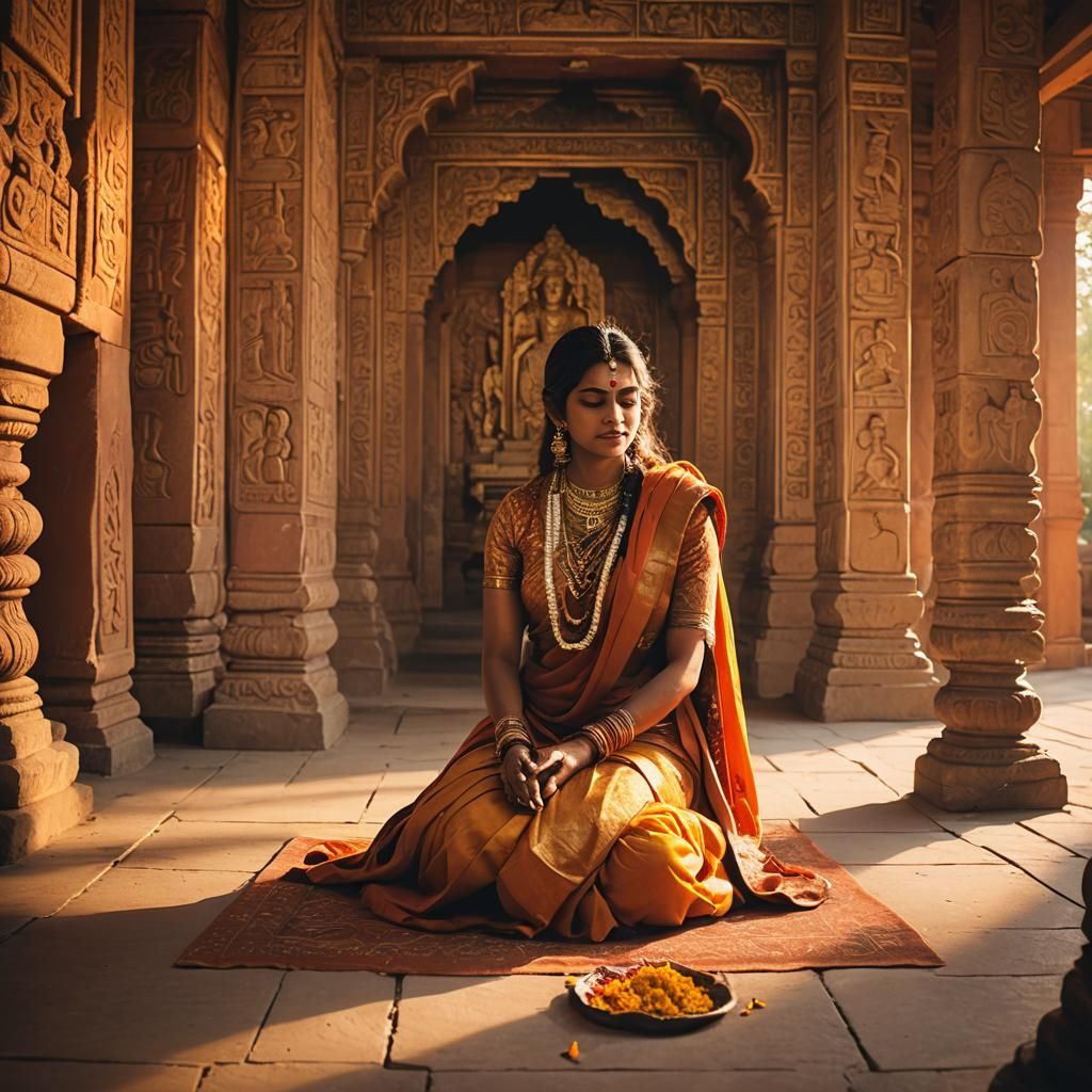 Hindu Goddess Kneeling in Ancient Temple at Dawn