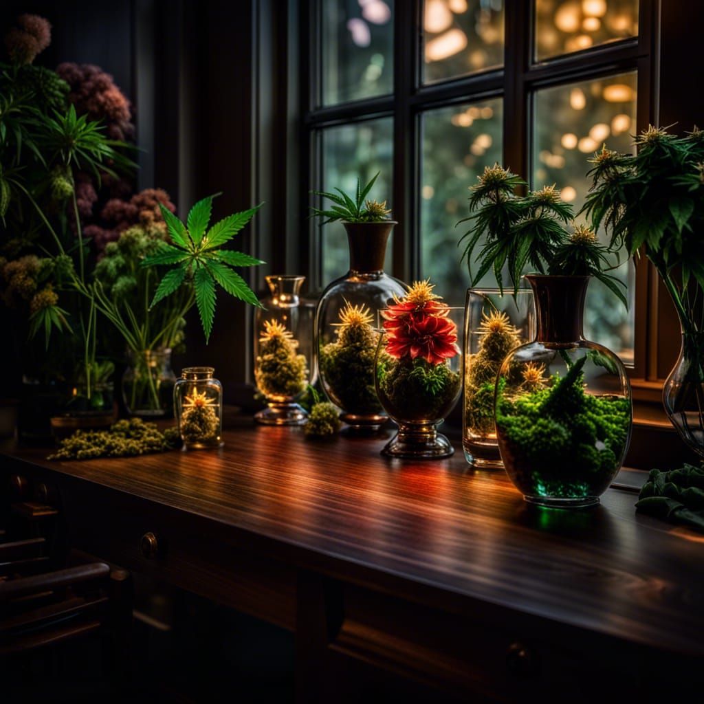 Serene Workspace with Cannabis Flowers in Vases