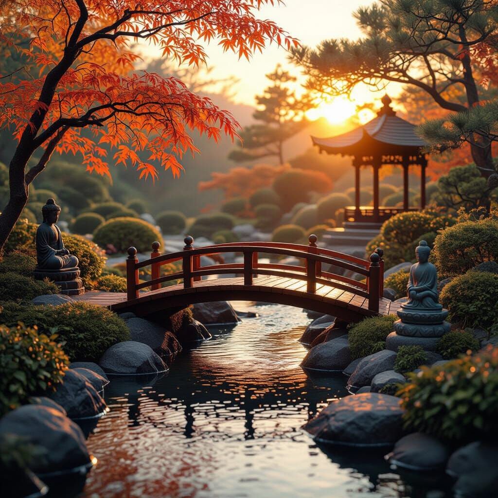 Tranquil Sunset Landscape with Wooden Bridge