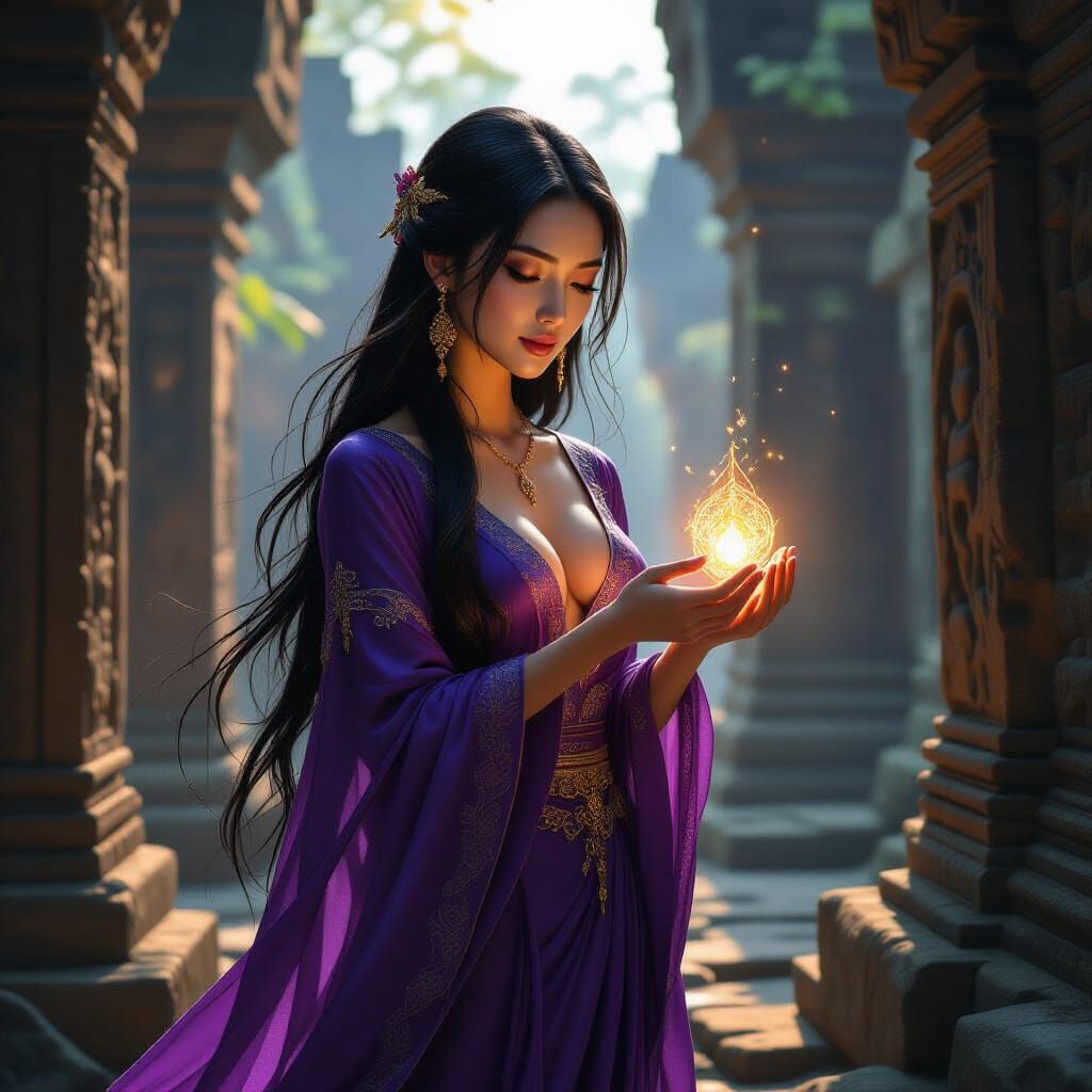 Southeast Asian Woman in Purple Silk Dress