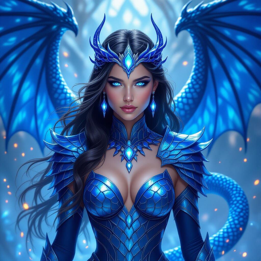 Sapphire Serpent Goddess with Crystal Wings, Fantasy Art