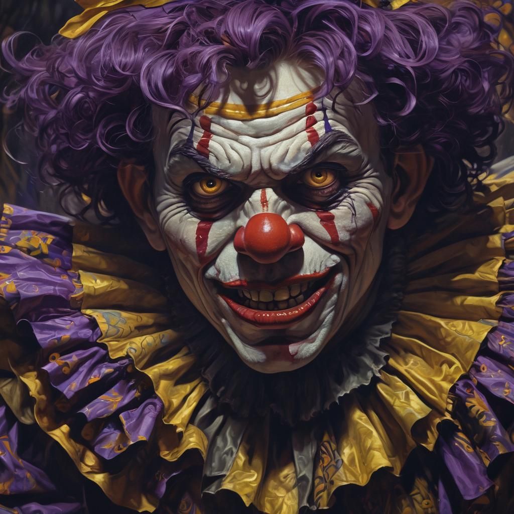 Terrified Person and Menacing Clown in Art Nouveau Style