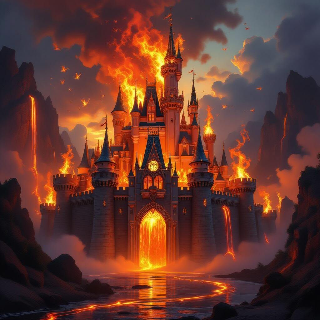 Fiery Castle with Lava Waterfall and Fire Fairies
