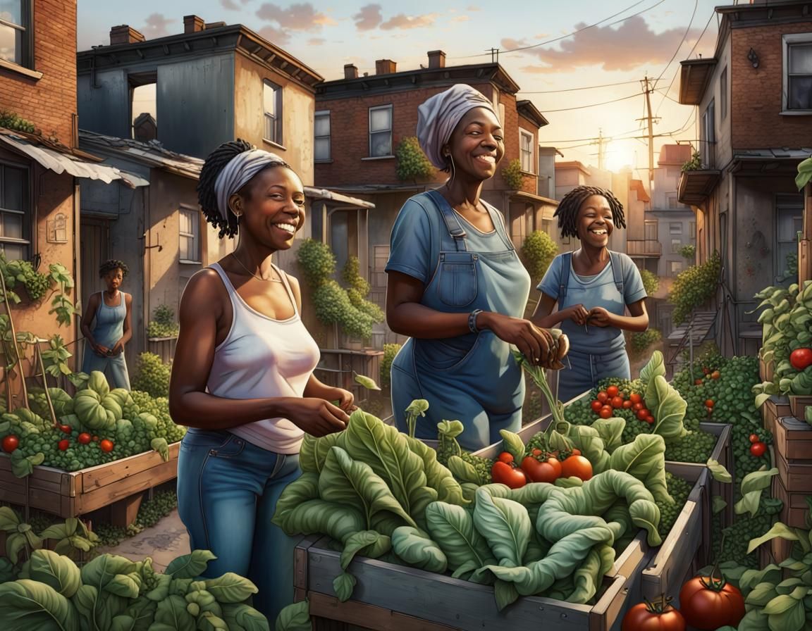 Hyperrealistic Urban Garden with Smiling Grandmother at Suns...