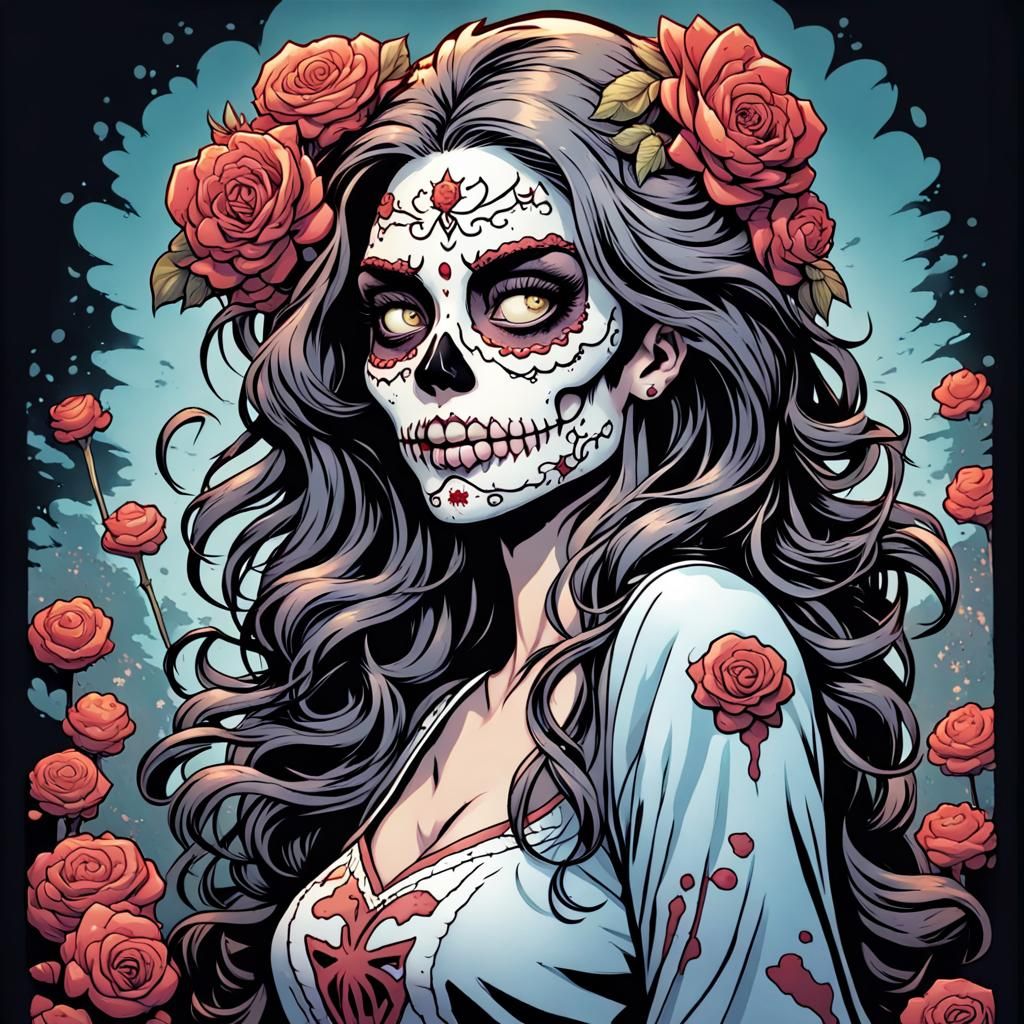 Cartoon Zombie Girl with Sugar Skull Makeup