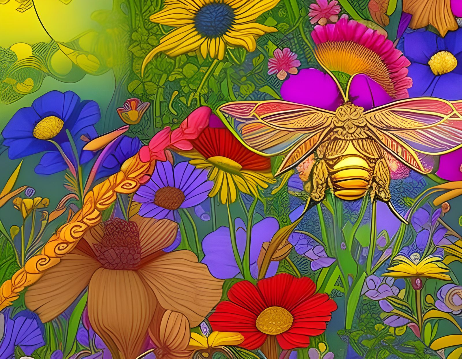 Honeybee Among Flowers in Art Nouveau Style