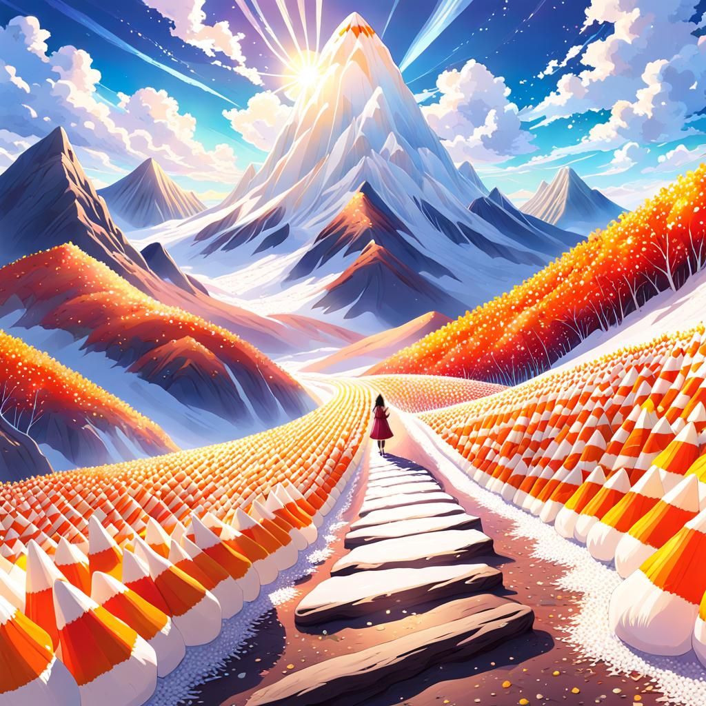 Candy Corn Mountain Fantasy Landscape in Anime Style