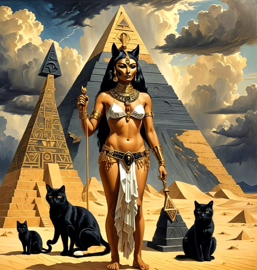 Cat-Headed Goddess Bast in Surreal Desert Landscape