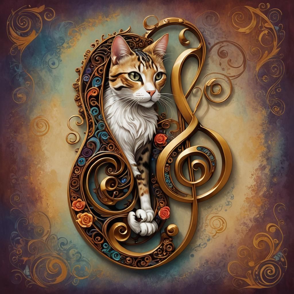 Whimsical Cat Treble Clef in a Matte Painting Aesthetic