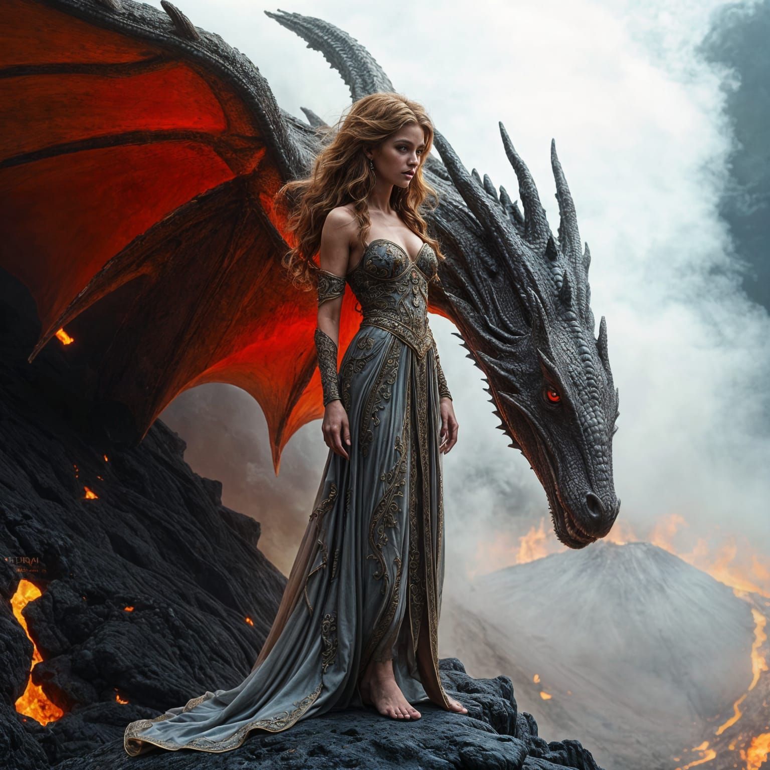 Hyperrealistic Woman Stands with Majestic Dragon on Volcano'...